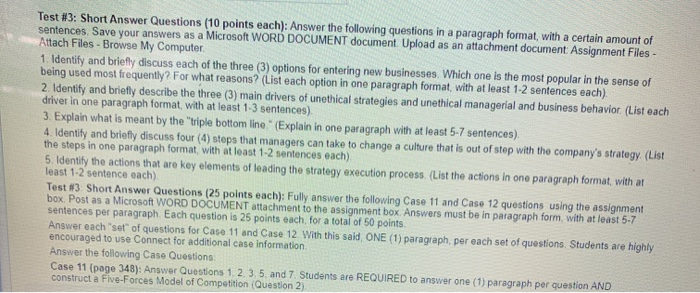 Test #3: Short Answer Questions (10 points each):