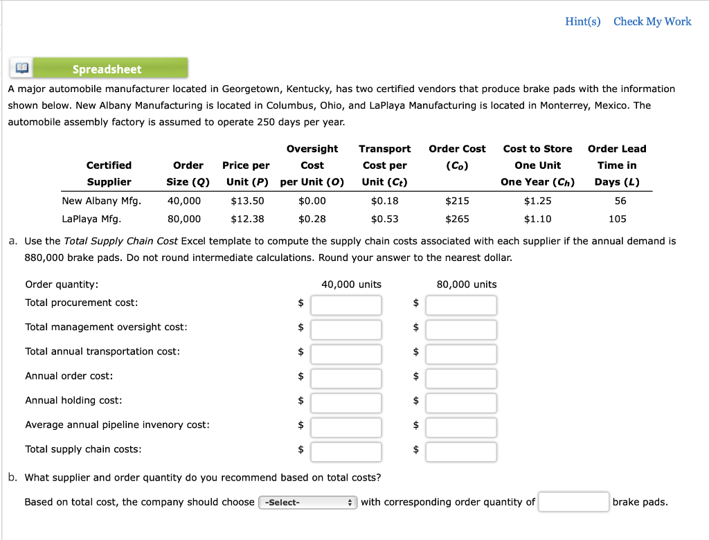 Hint(s) Check My Work Spreadsheet A major