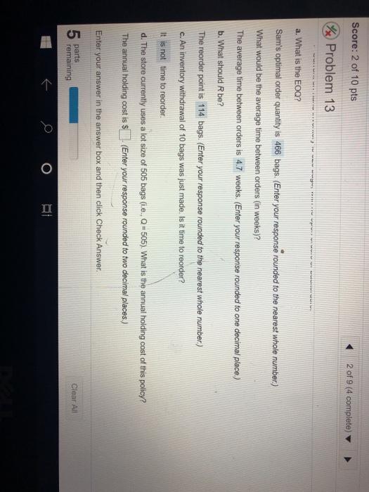 Score: 2 of 10 pts 2 of 9 (4 complete Problem 13