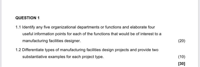1.1 Identify any five organizational departments