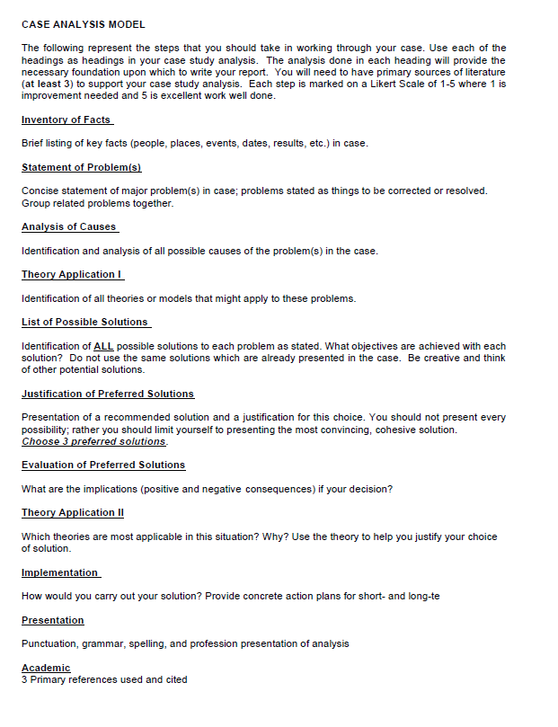 CASE ANALYSIS MODEL The following represent the