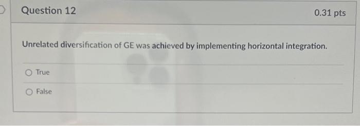 0.31 pts Question 12 Unrelated diversification of
