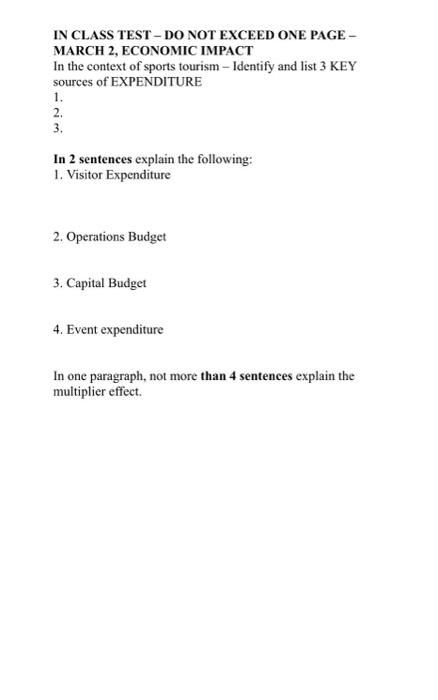 IN CLASS TEST - DO NOT EXCEED ONE PAGE - MARCH 2,