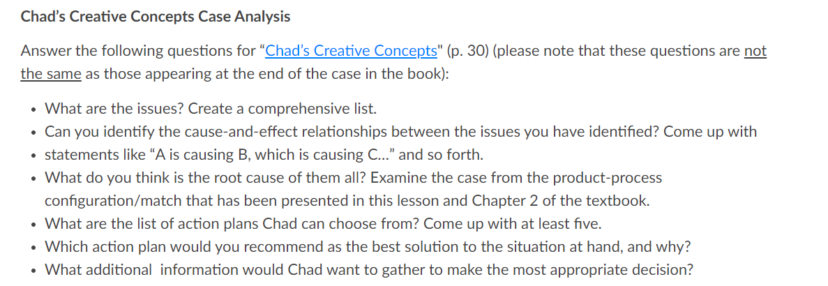 Chad's Creative Concepts Case Analysis Answer the