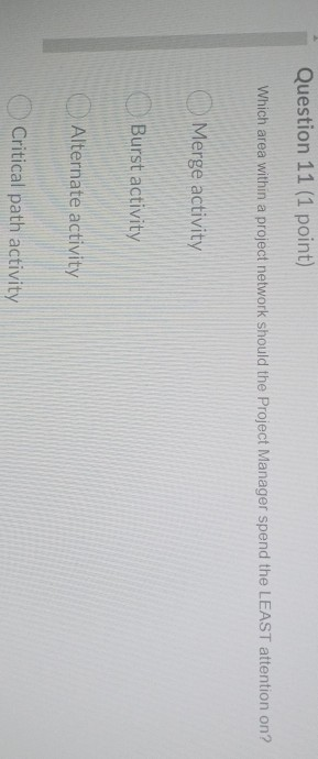 Question 11 (1 point) Which area within a project