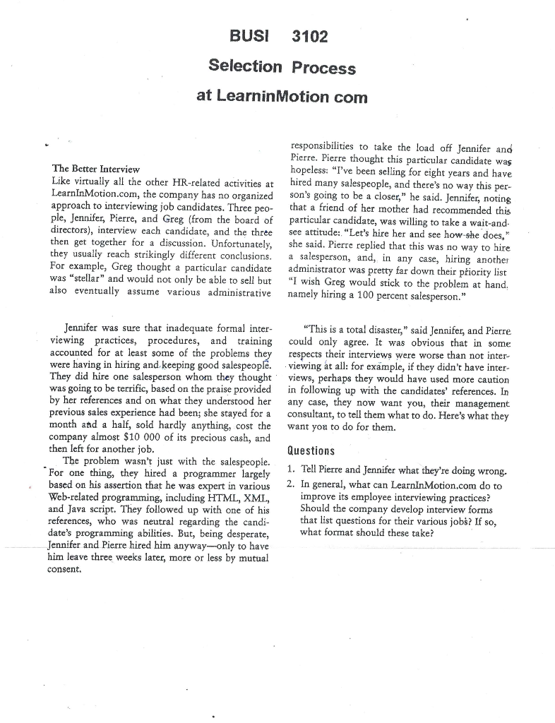 Answer Q1,2 BUSI 3102 Selection Process at