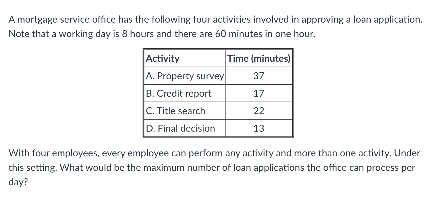 A mortgage service office has the following four