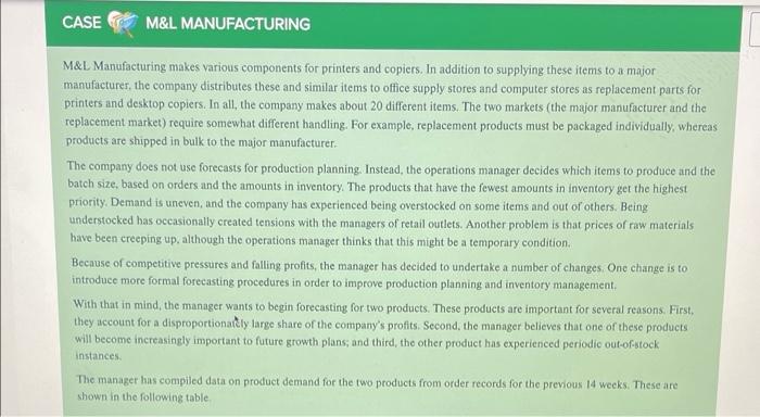 excel CASE M&L MANUFACTURING M&L Manufacturing