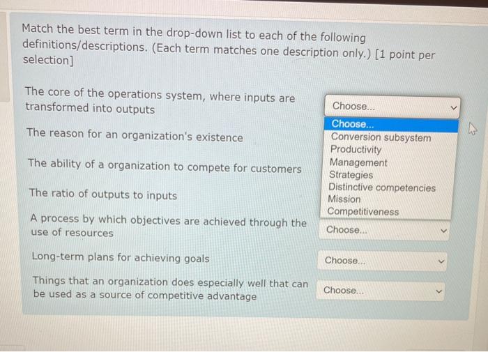 Match the best term in the drop-down list to each