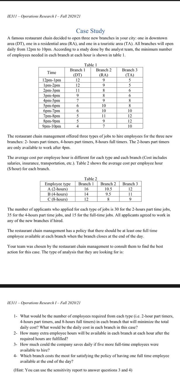 IE311 - Operations Research 1 - Fall 2020/21 Case