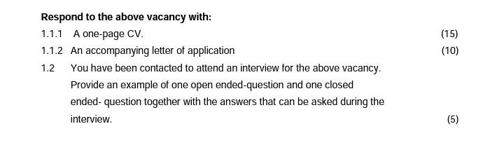 1.1 Read the vacancy below and answer the