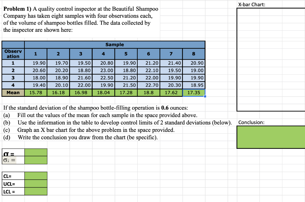 X-bar Chart: Problem 1) A quality control
