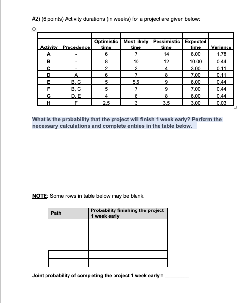 #2) (6 points) Activity durations (in weeks) for