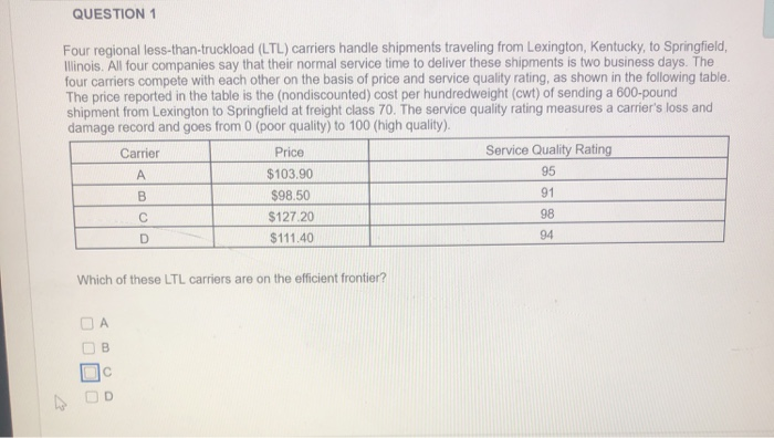 QUESTION 1 Four regional less-than-truckload