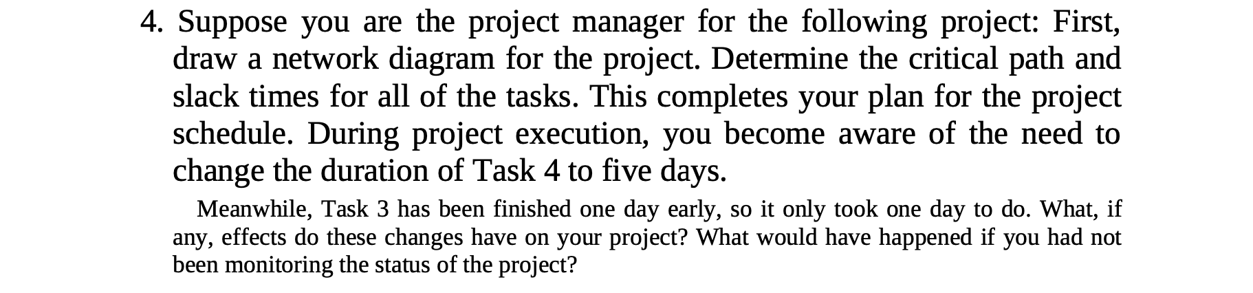 4. Suppose you are the project manager for the