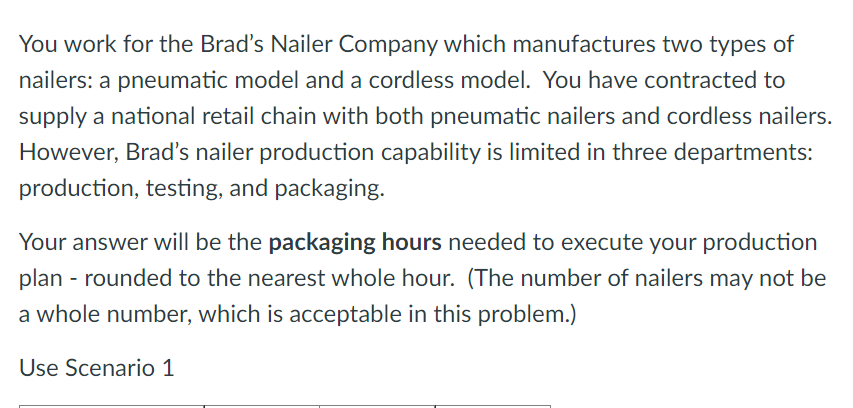 You work for the Brad's Nailer Company which