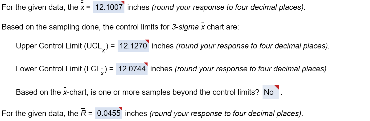 Twelve samples, each containing five parts, were
