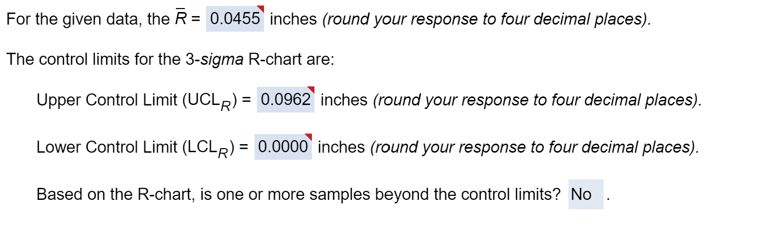 Twelve samples, each containing five parts, were