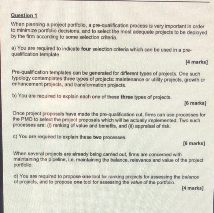Question 1 When planning a project portfolio, a