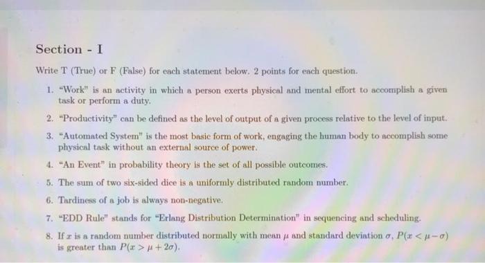 Section - 1 Write T (True) or F (False) for each