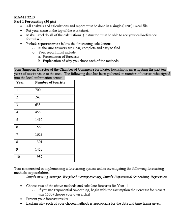 MGMT 3213 Part 1 Forecasting (30 pts) All