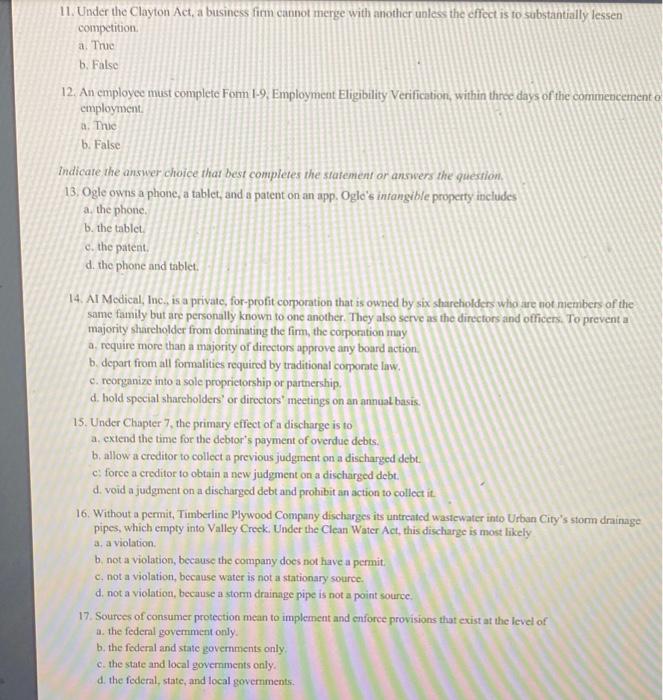 11. Under the Clayton Act, a business fion cannot