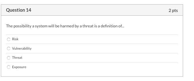 Question 14 2 pts The possibility a system will