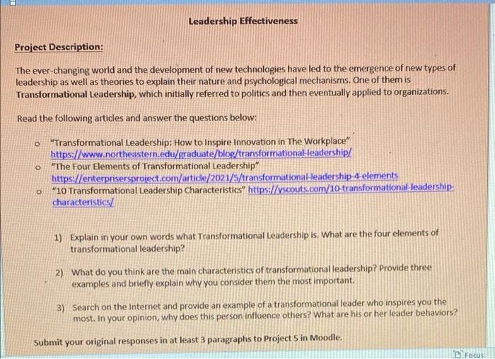 Leadership Effectiveness Project Description: The