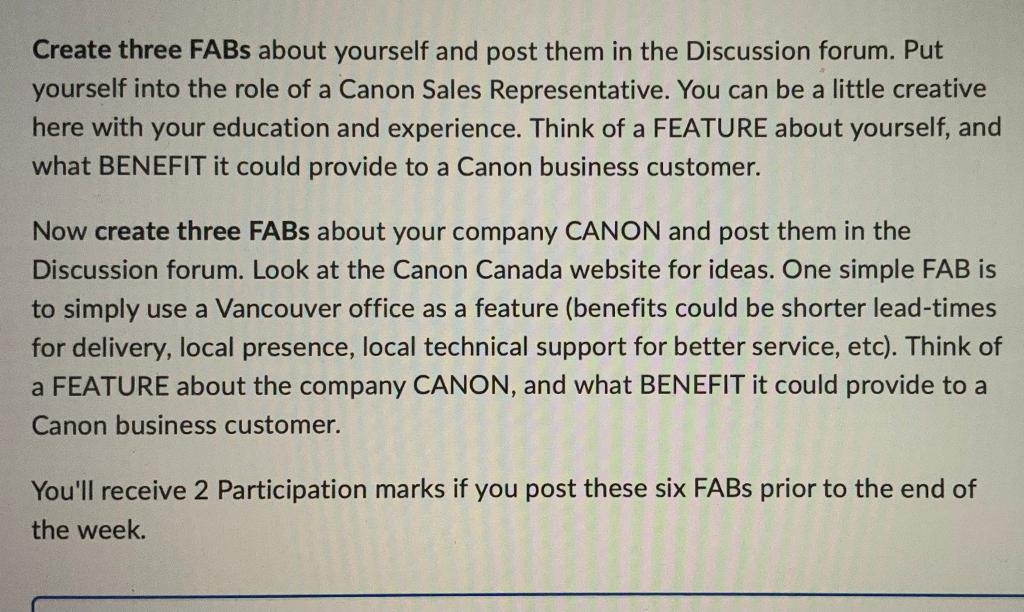 Create three FABs about yourself and post them in