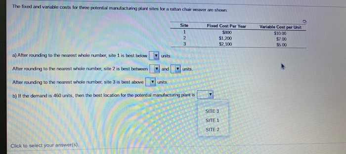 The fixed and variable costs for three potential