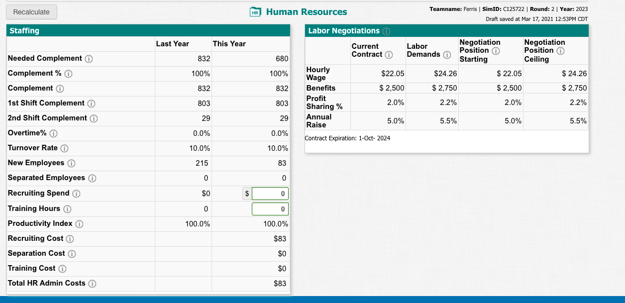 Fill in the recruiting spend and training hours