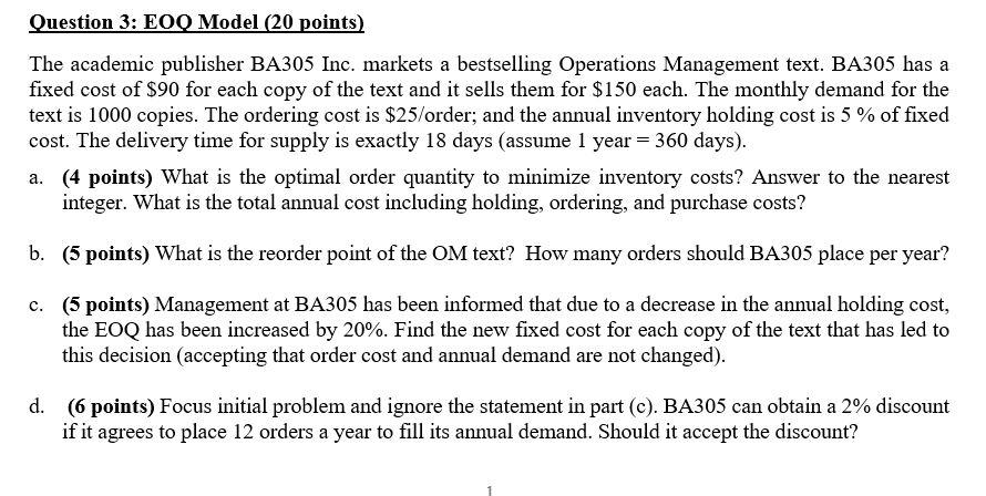 Question 3: EOQ Model (20 points) The academic