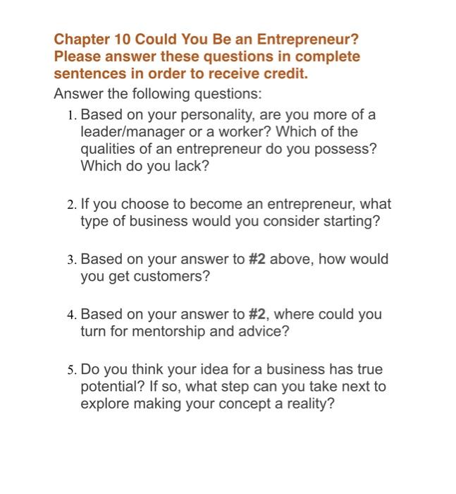 Chapter 10 Could You Be an Entrepreneur? Please