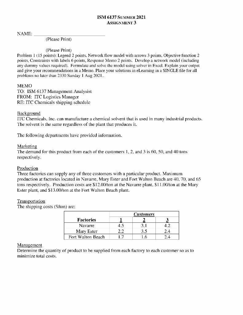 ISM 6137 SUMMER 2021 ASSIGNMENT 3 NAME: (Please