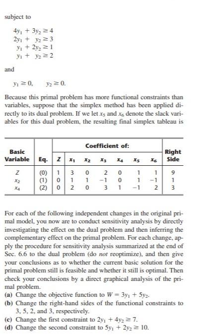 Minimize W = 5y1+4y2 subject to 4y. + 3y, 24 2y +