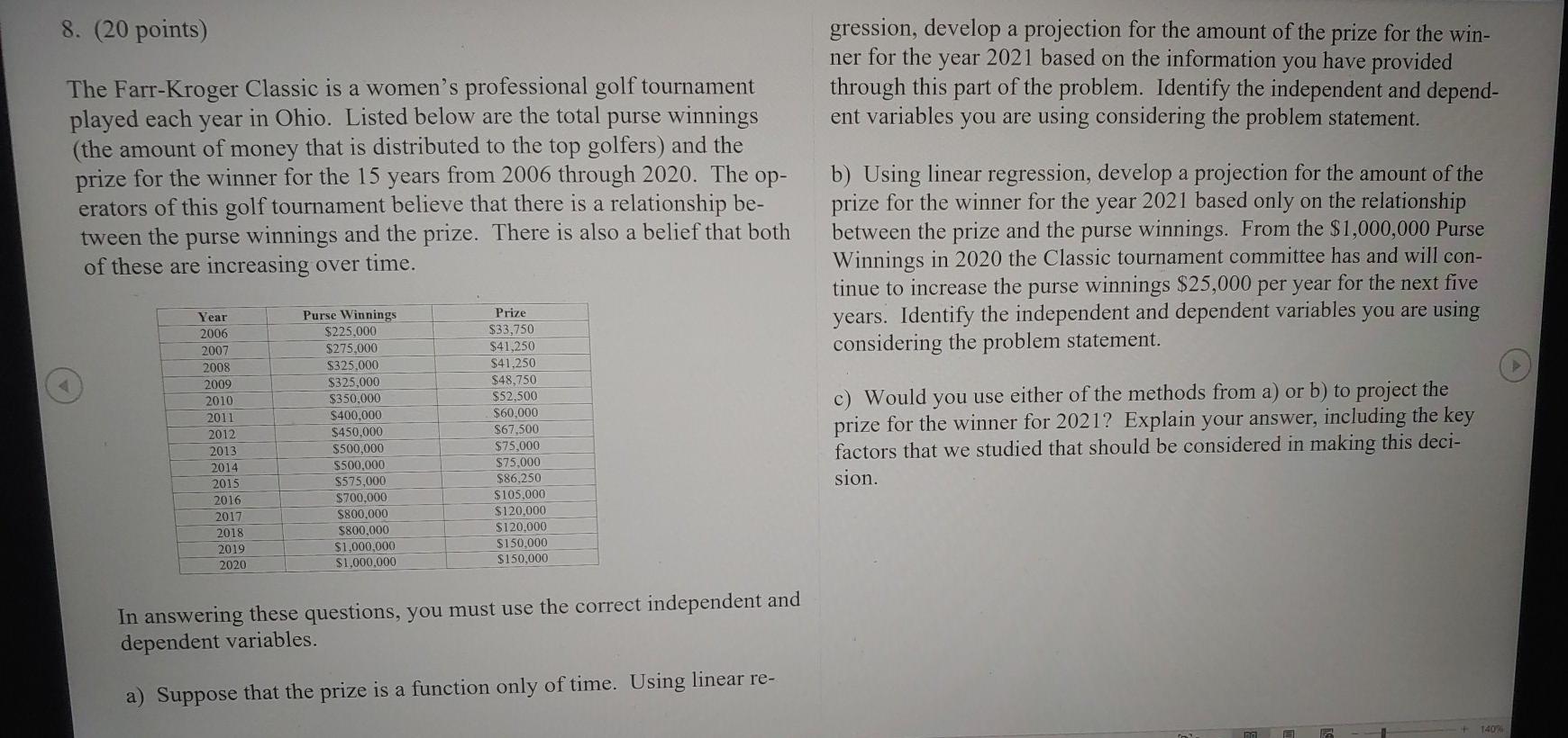 8. (20 points) gression, develop a projection for