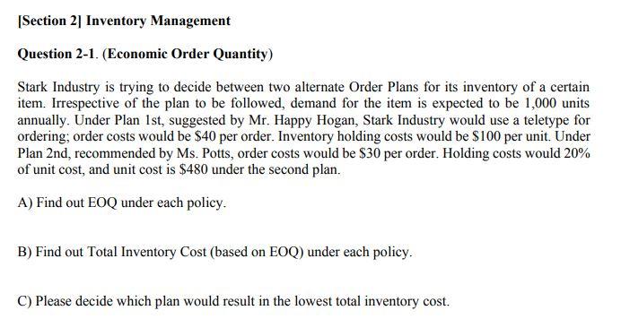 Section 2] Inventory Management Question 2-1.