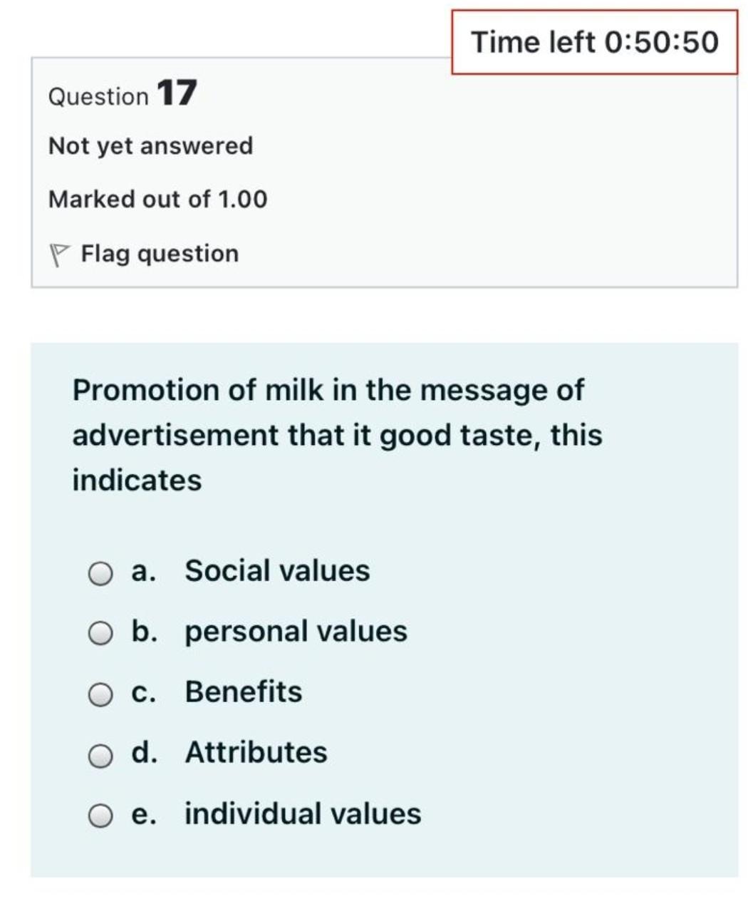 Time left 0:50:50 Question 17 Not yet answered