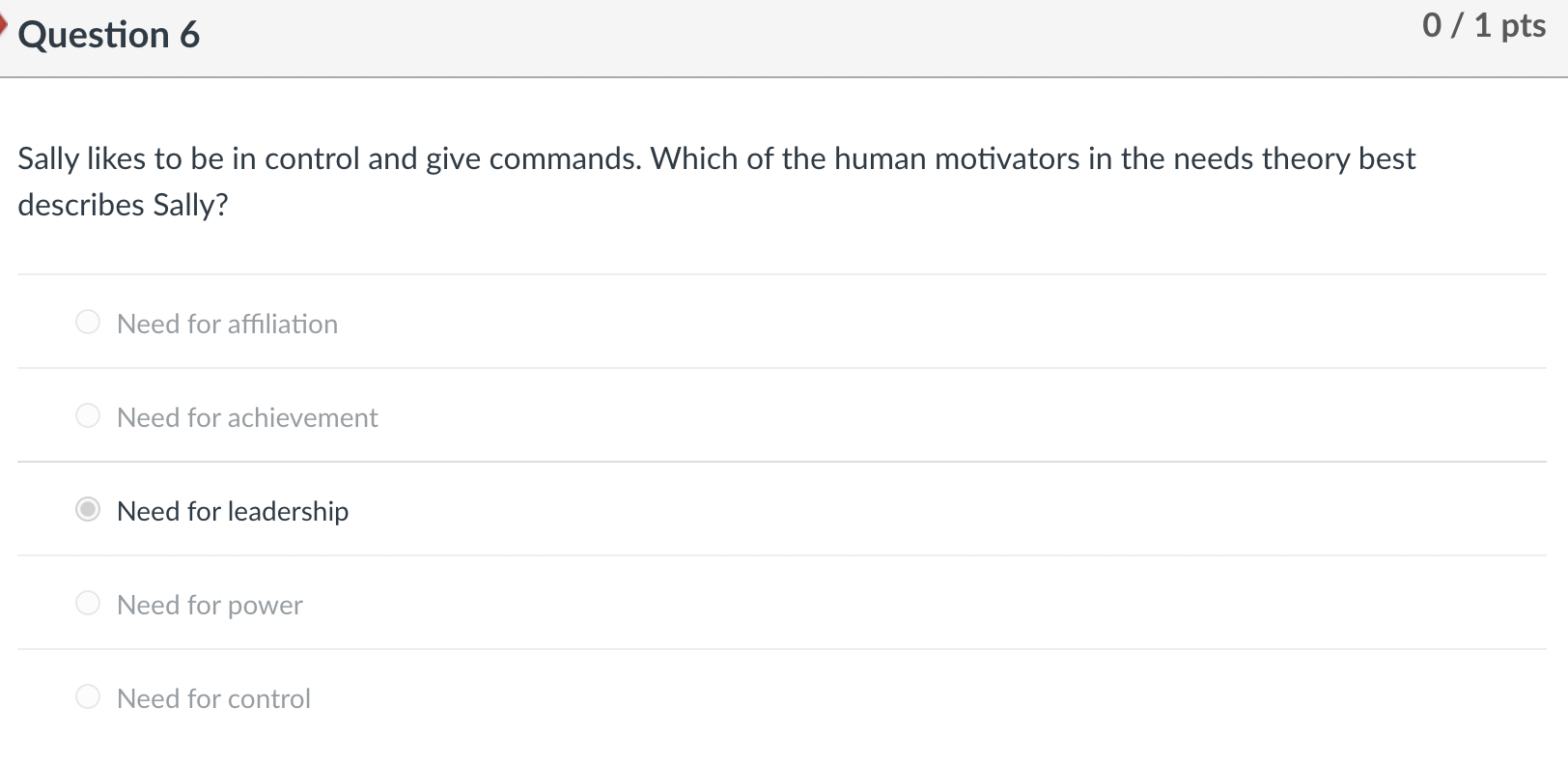Question 6 0 / 1 pts Sally likes to be in control