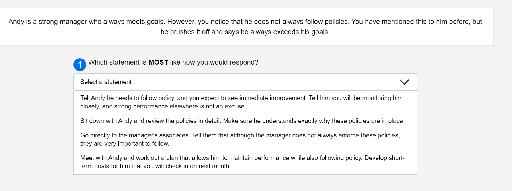 Andy is a strong manager who always meets goals.