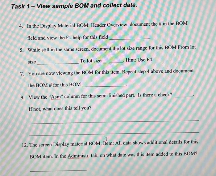 Task 1 - View sample BOM and collect data. 4. In