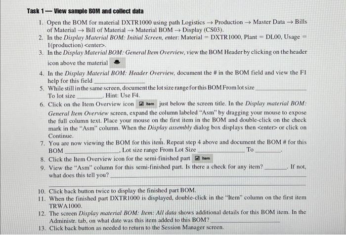Task 1 - View sample BOM and collect data. 4. In