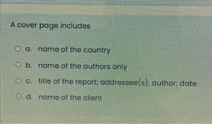 A cover page includes O a. name of the country O