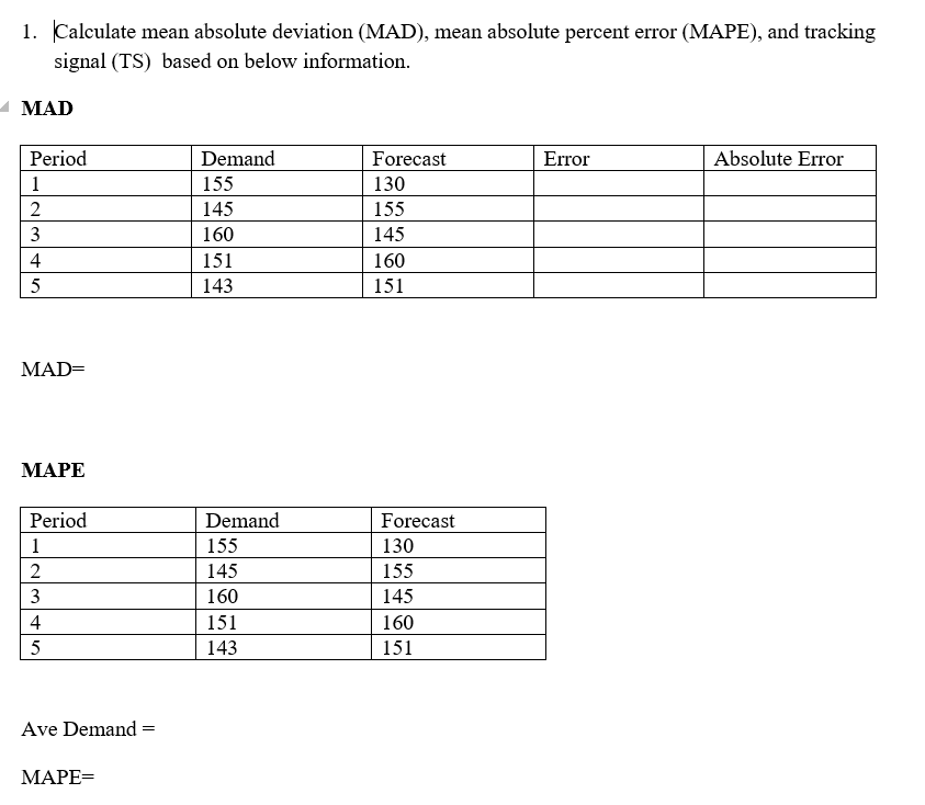 1. Calculate mean absolute deviation (MAD), mean