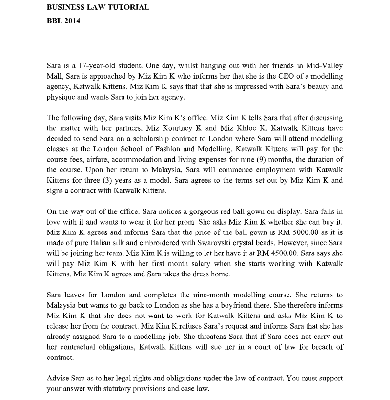 BUSINESS LAW TUTORIAL BBL 2014 Sara is a