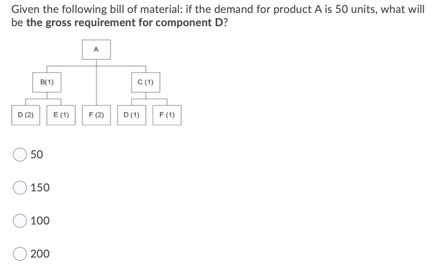 Given the following bill of material: if the