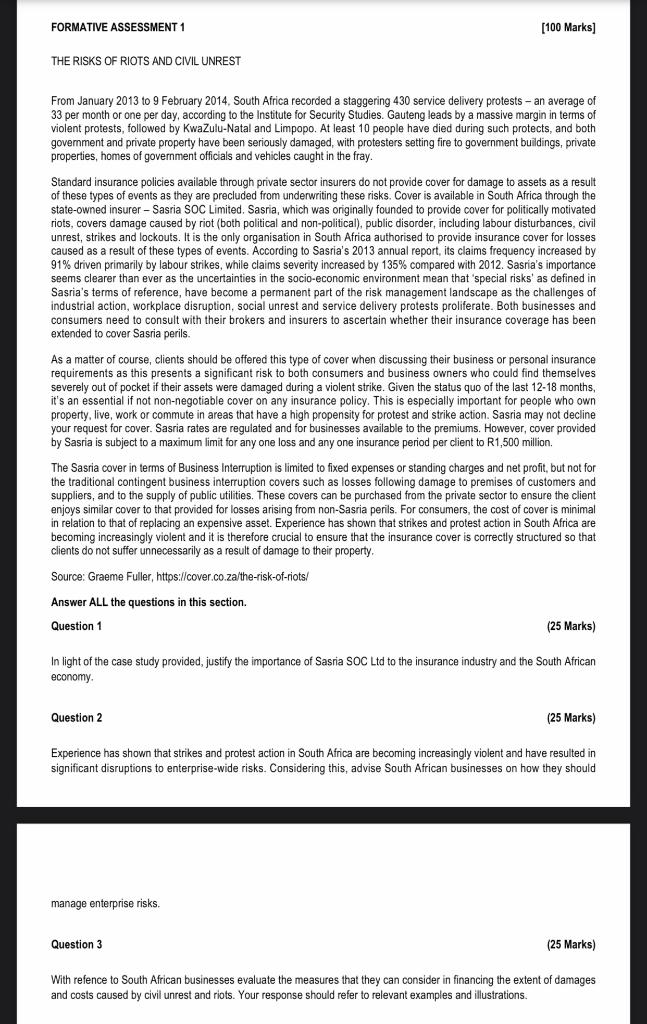 FORMATIVE ASSESSMENT 1 [100 Marks) THE RISKS OF