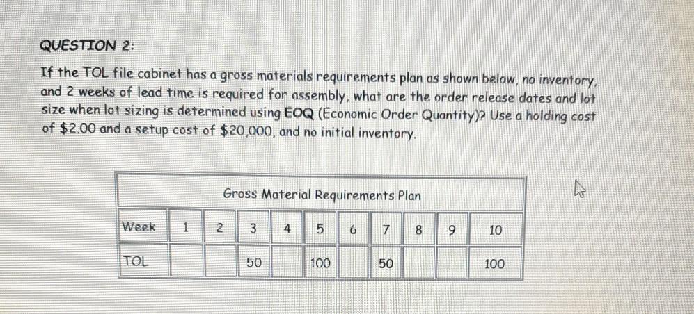 QUESTION 2: If the TOL file cabinet has a gross