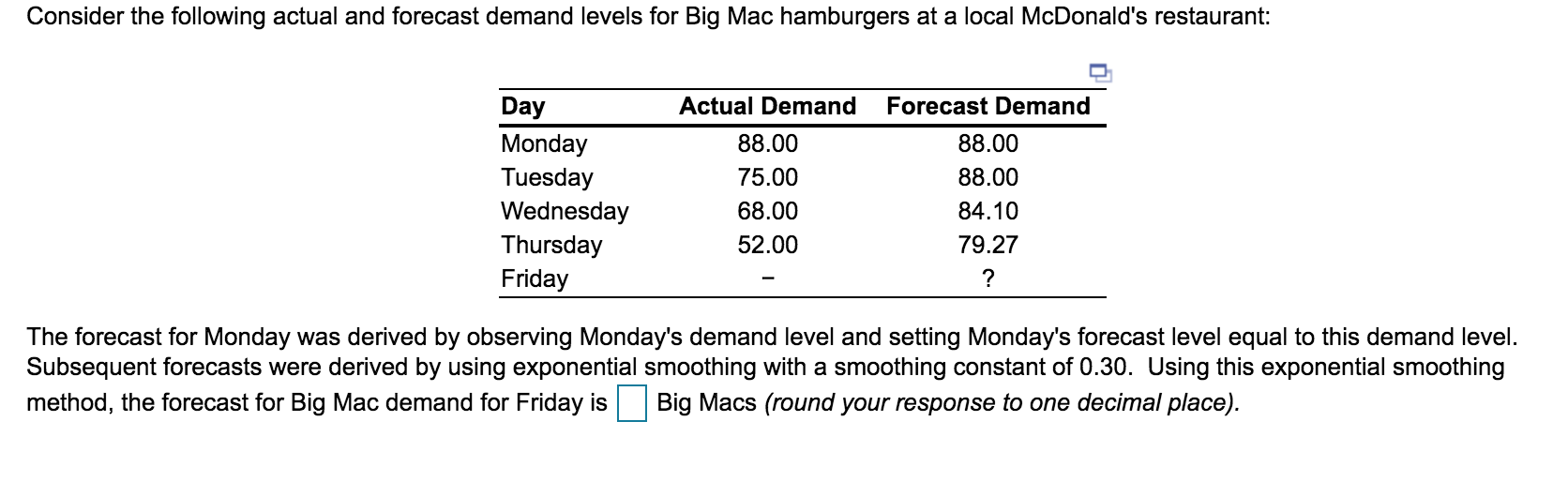 Consider the following actual and forecast demand