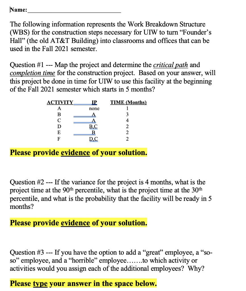 Name: The following information represents the